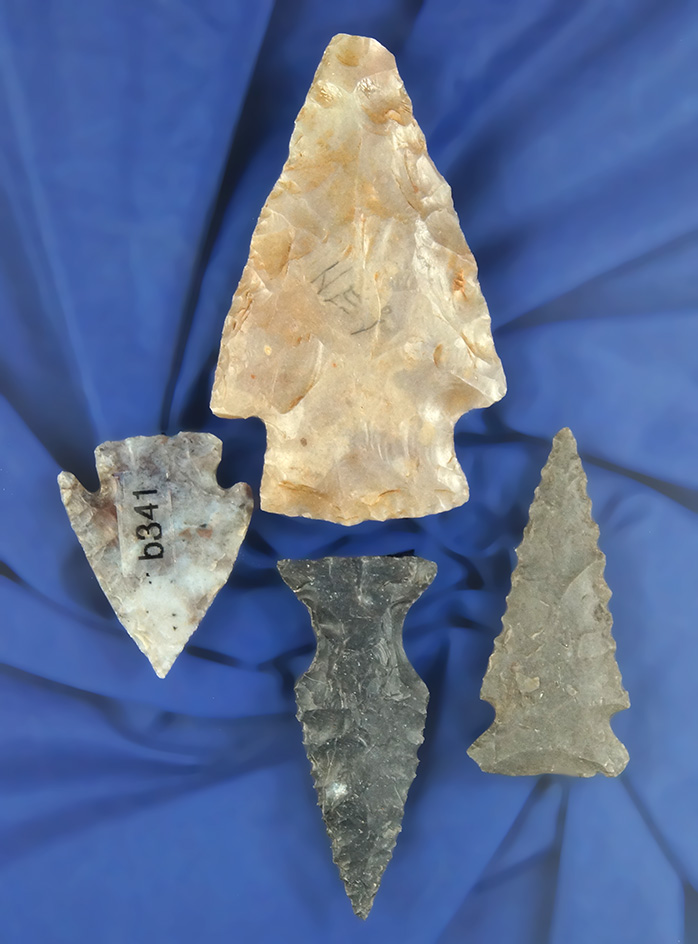 Set of four assorted Western Arrowheads, largest is 2 3/16".