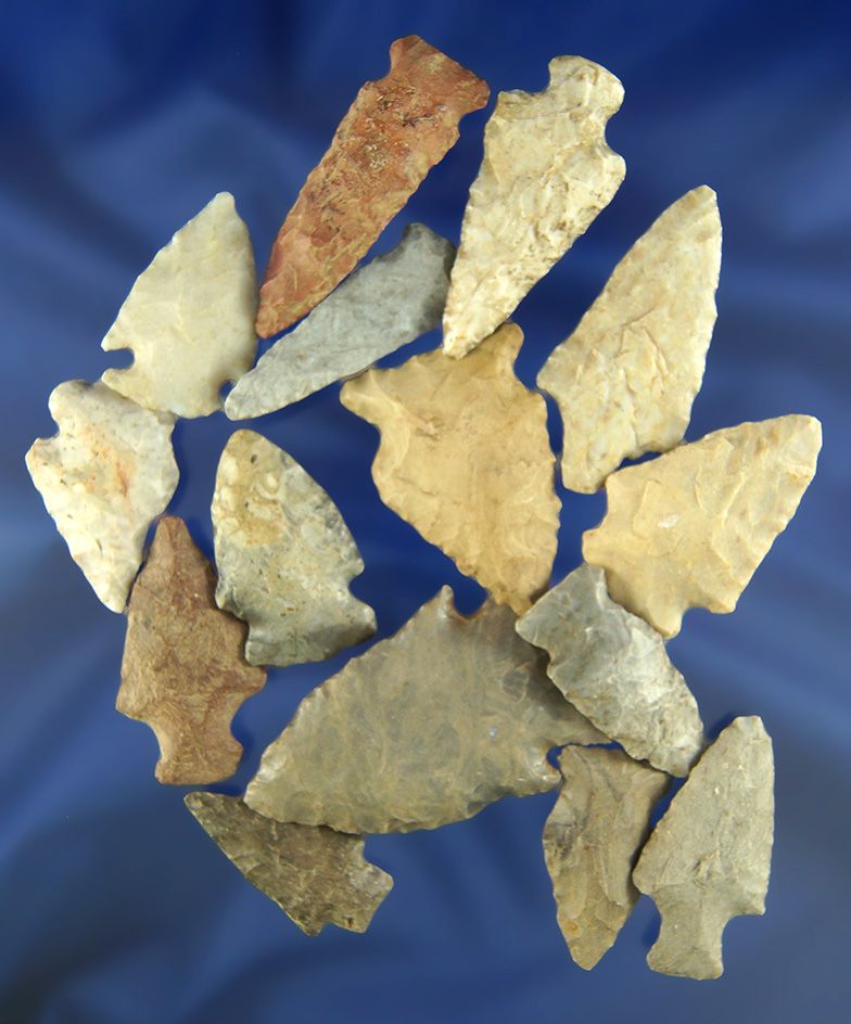 Set of 15 assorted Midwestern Arrowheads, largest is 2".