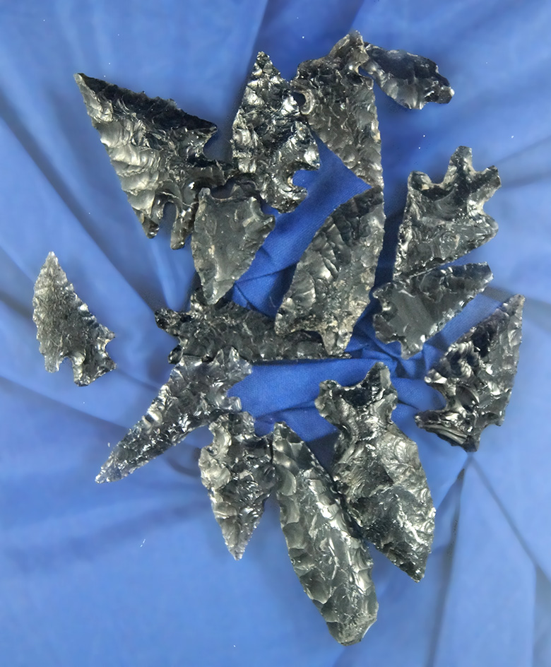 Set of 15 assorted Obsidian Arrowheads found in Oregon, largest is 1 5/8".