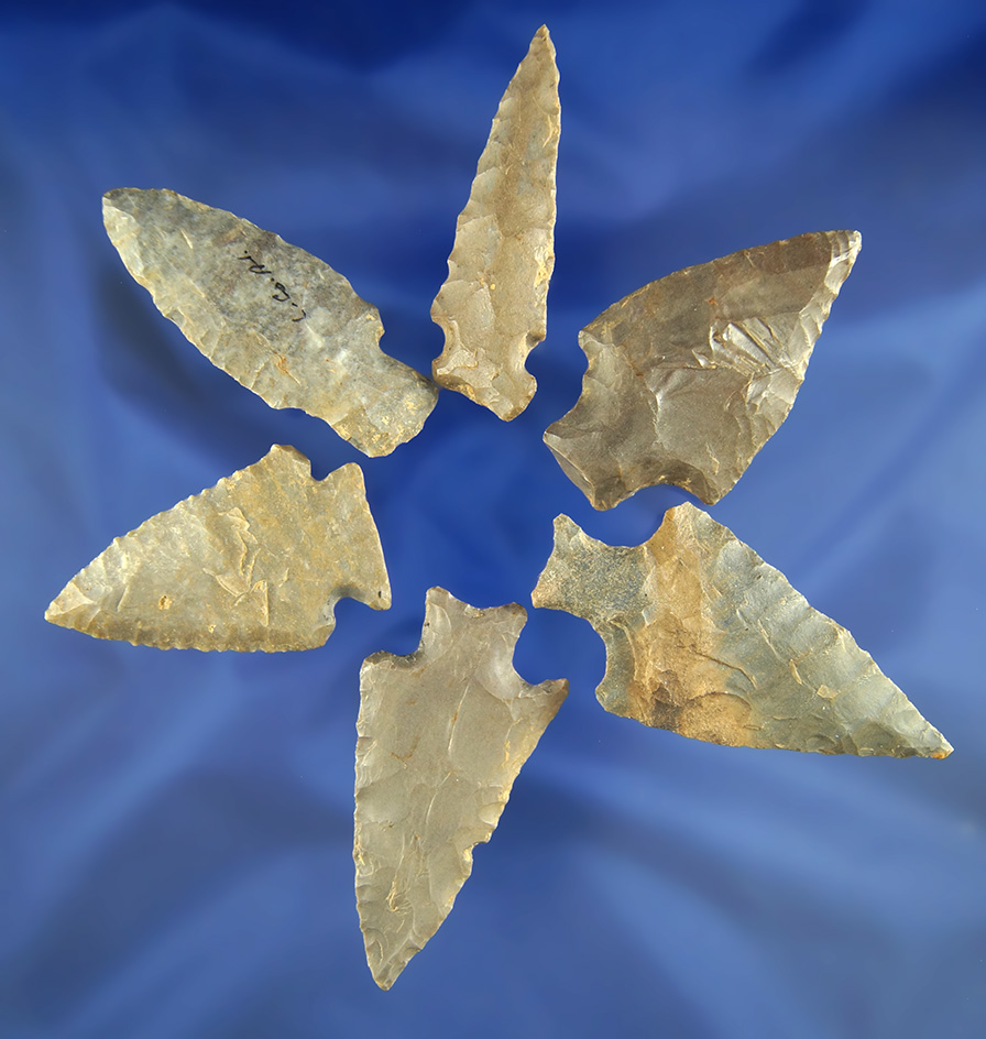 Group of six Arrowheads found in the Midwest, largest is 2 5/8".