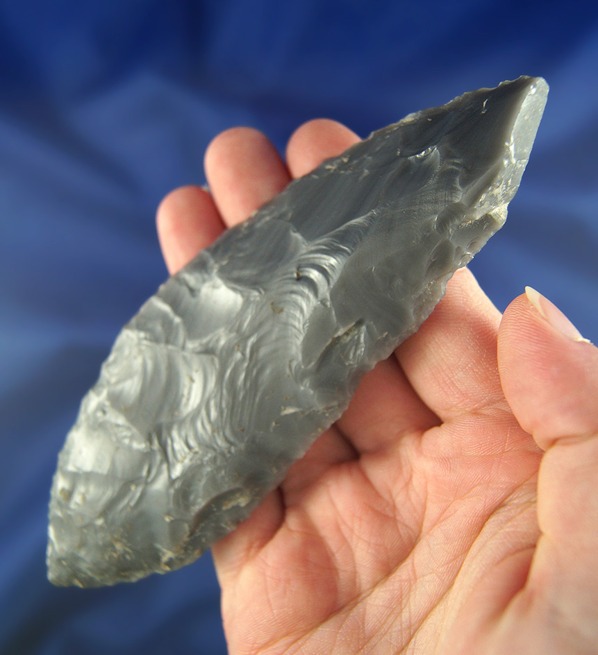 5" Bi-pointed Obsidian Knife with heavy caliche deposits on surface, found in Oregon.
