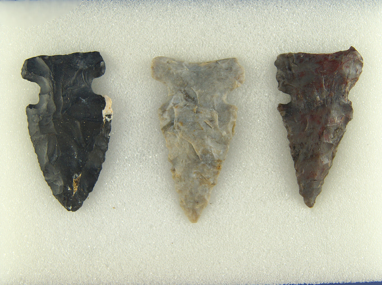 Set of three Ohio Sidenotch Arrowheads, largest is 1 7/8".