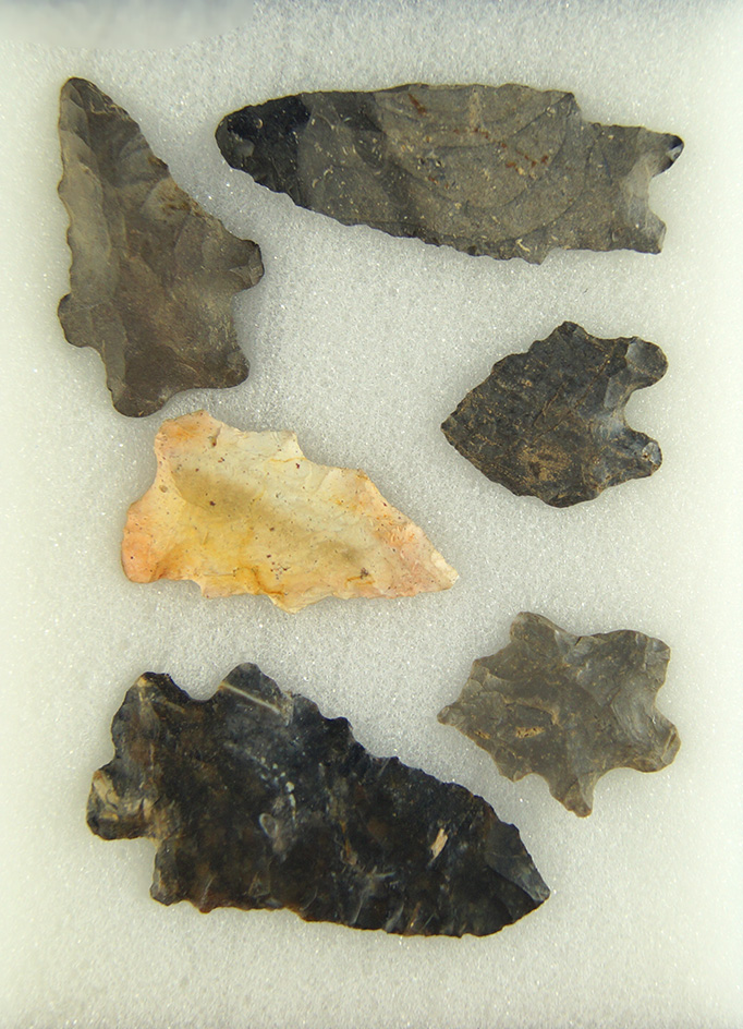Set of six Ohio Arrowheads, largest is 2".