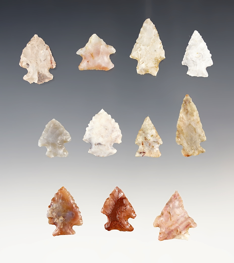 Set of 11 Flint Ridge Birdpoints found in various Ohio counties. The largest is 1".
