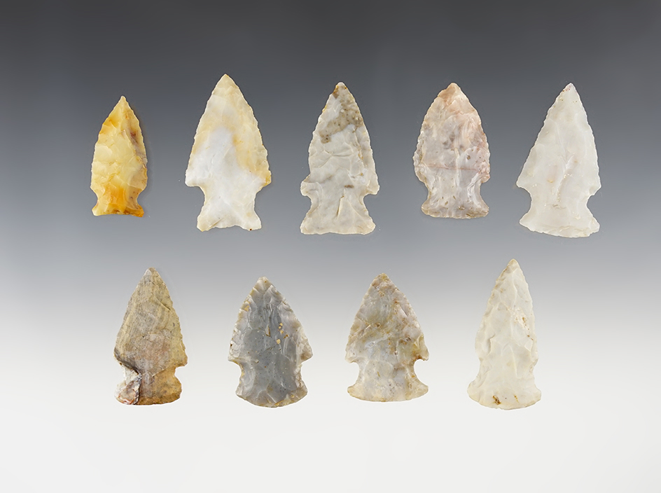 Set of 9 Flint Ridge Hopewell Points found in Ohio. The largest is 2".