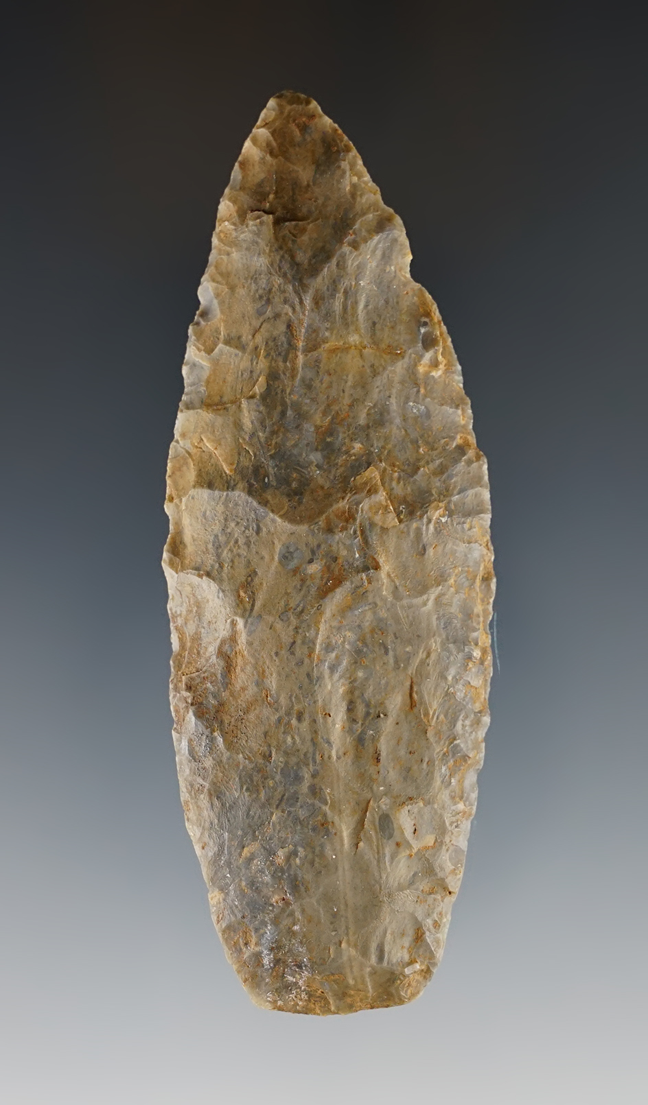 Nicely made 3 9/16" Paleo Lanceolate found in Madison Co., Ohio. Ex. Bill Likens collection.