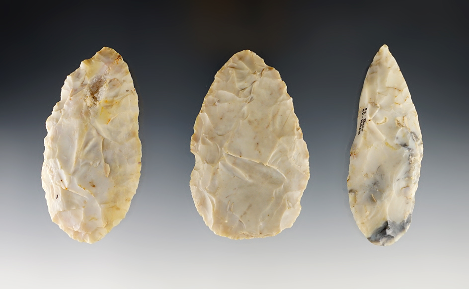 Set of 3 nice blades found in Madison Co., Ohio. Ex. Bill Likens. The largest is 3 7/16".