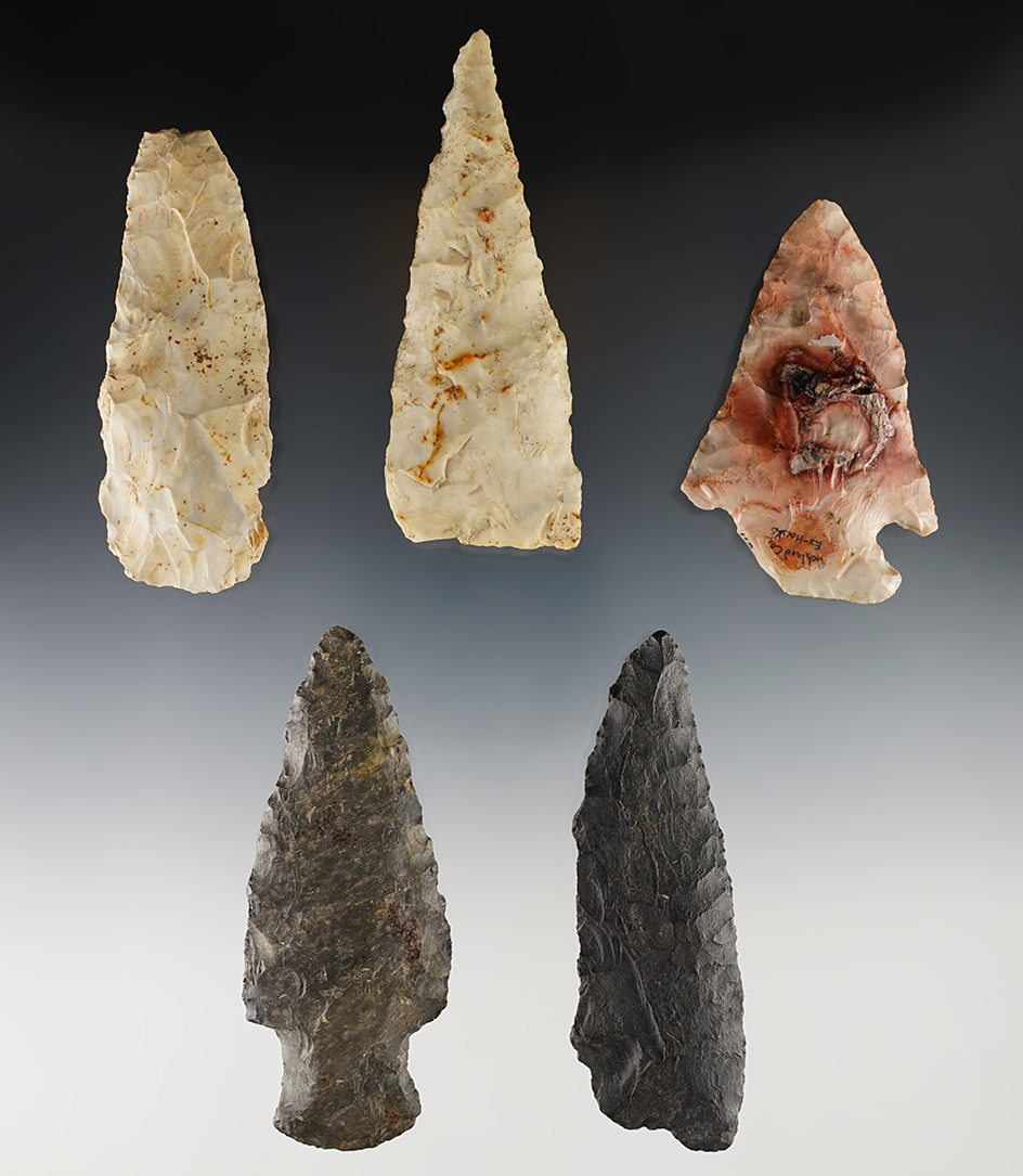Set of 5 nicely made Points found in Ohio, mostly Madison County. The largest is 3 13/16".