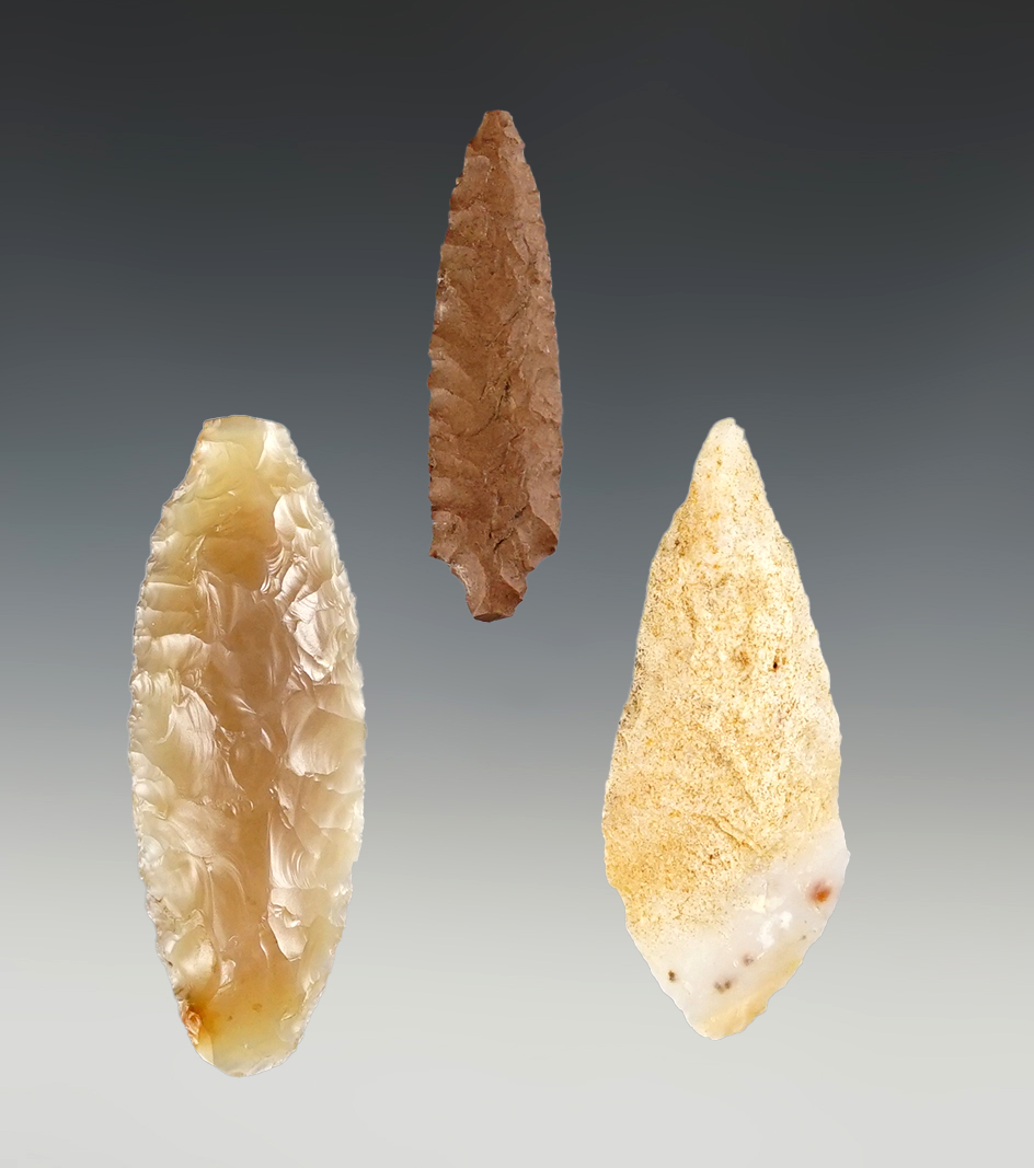 Set of three nicely flaked artifacts, largest is 2 3/16". Found near the Columbia River. Ex. Wilke.