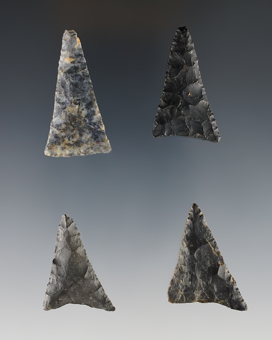 Set of 4 Ft. Ancient Triangle Points -Madison Co., Ohio. Ex. Bill Likens. The largest is 1 5/8".