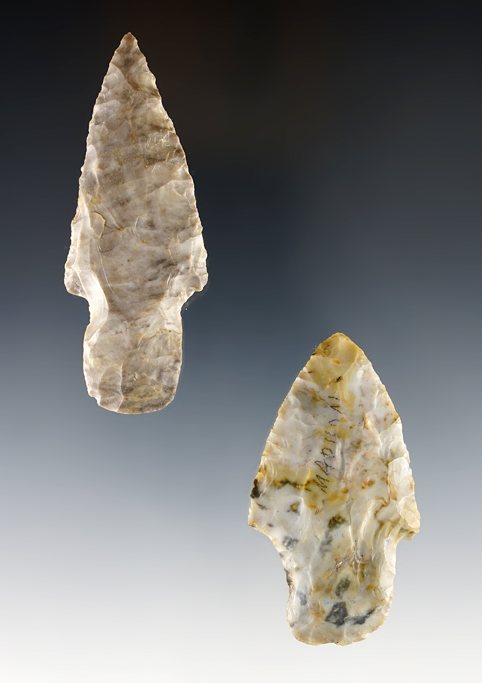 Pair of classic style Adena Points found in Madison and Crawford Co., Ohio. The largest is 2 7/8".