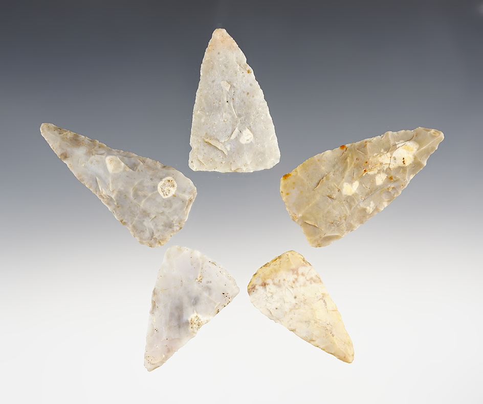 Set of 5 Ohio Cache Blades made from Flint Ridge Flint. The largest is 2 1/2".