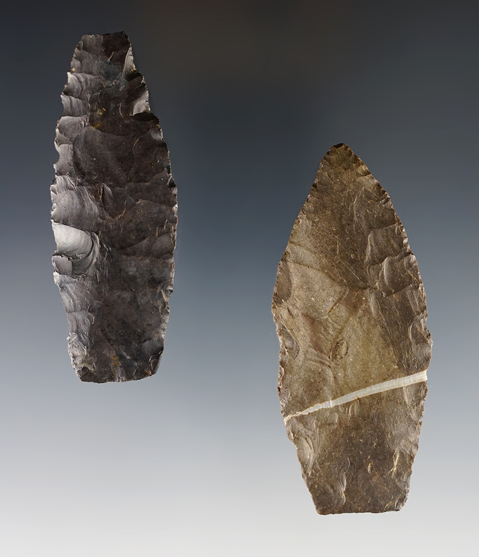 Pair of Paleo Lanceolates found in Madison Co., Ohio. Ex. Bill Likens. The largest is 3".