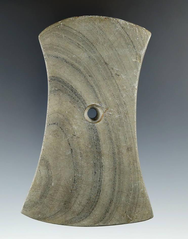 4 1/8" Adena Bi-Concave Pendant made from Banded Slate, found in Seneca Co., Ohio. Berner COA.