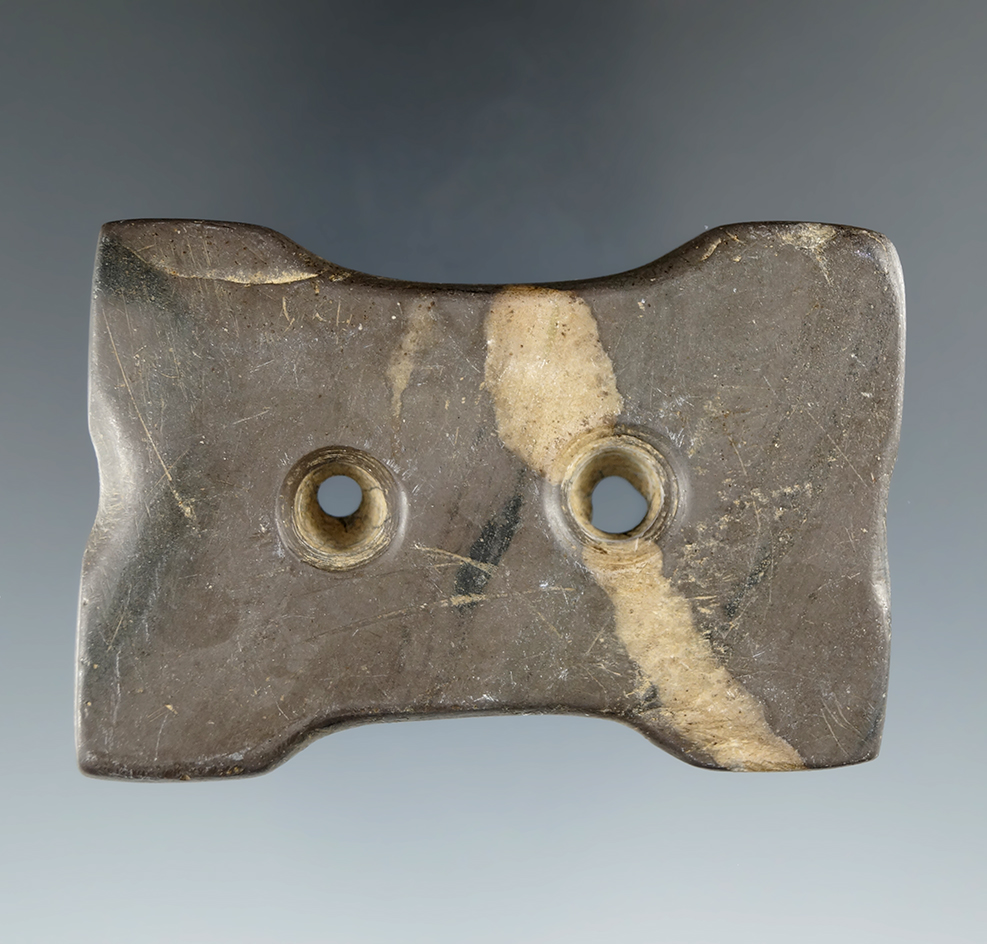 2 3/4" Hopewell Reel Gorget made from Banded Slate with "worm tracks", Ohio. Pictured!