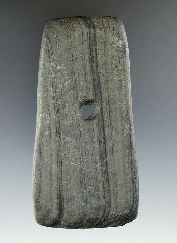 4" Adena Trapezoidal Pendant made from Banded Slate, found in Richland Co., Ohio.
