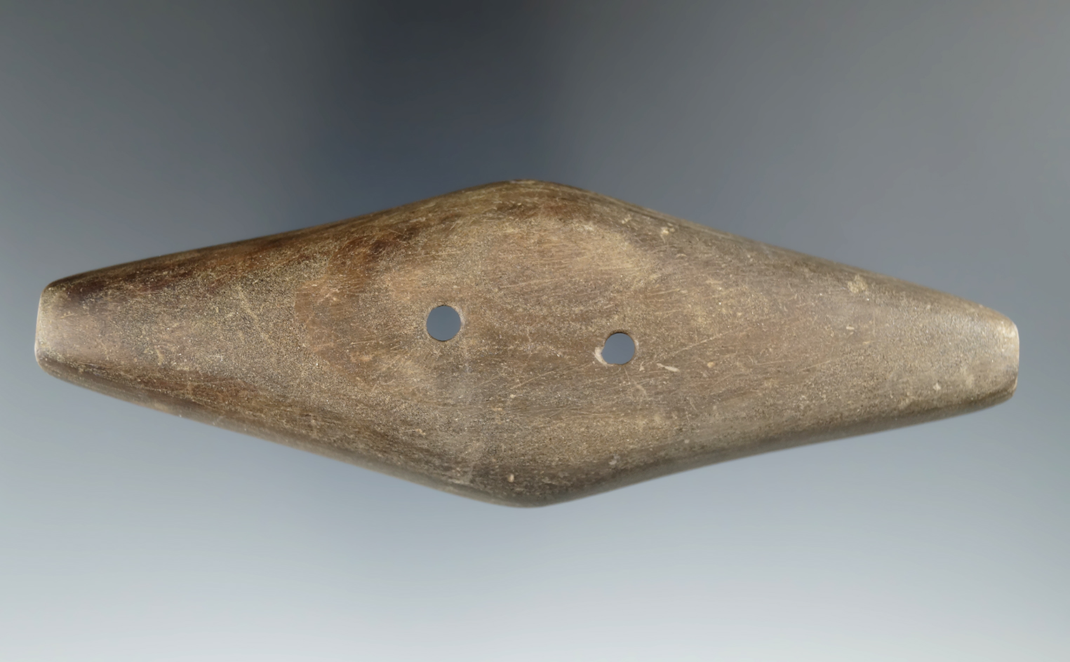 4 15/16" Adena Expanded Center Gorget made from Banded Slate, found in Marion Co., Ohio.