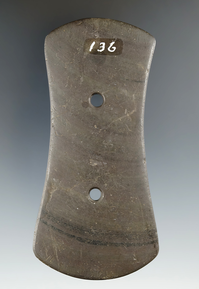 4 1/16" Hopewell Bi-Concave Gorget made from red and black Banded Slate, Mercer Co., Ohio.