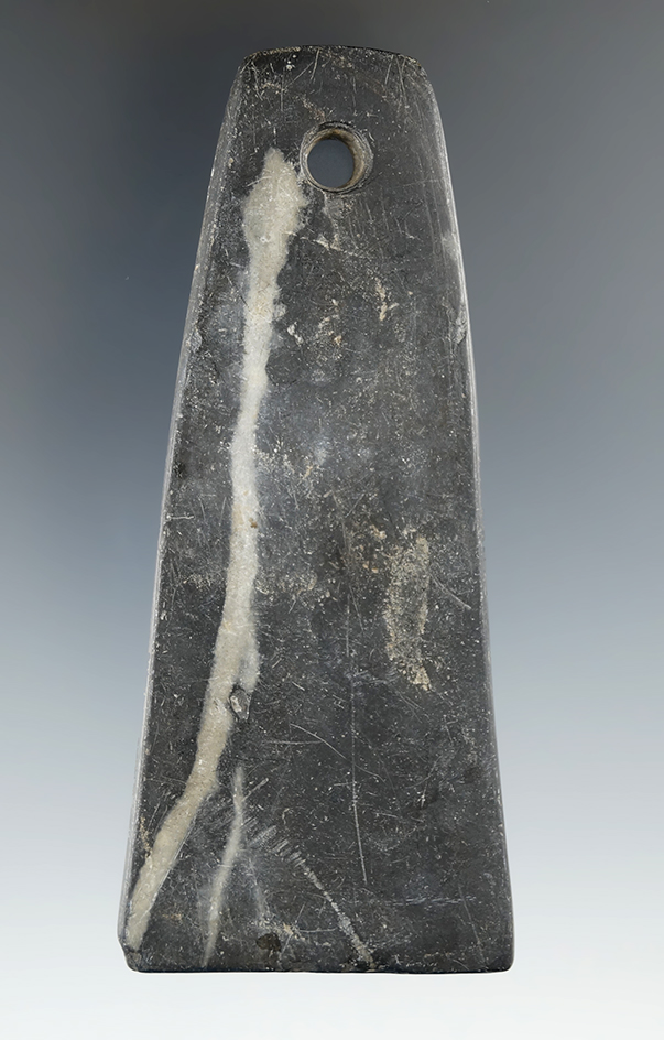 4 1/8" Hopewell Trapezoidal Pendant made from Slate, found in Seneca Co., Ohio. Ex. Dan Hall.