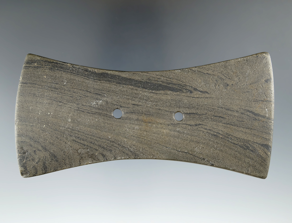 4 5/8" Adena Bi-Concave Gorget made from green and black Banded Slate, found in Wood Co., Ohio.