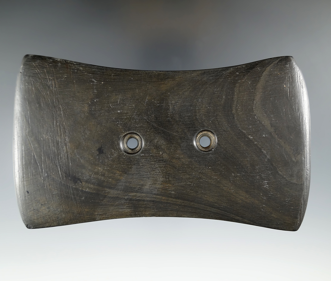 5 6/8" Bi-Concave Gorget found in Richland Co., Ohio. Pictured. Ex. Al Wakefield, Rocky Faletti.