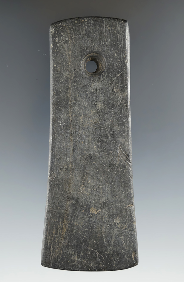 4 1/4" Adena Bell Pendant made from black Slate, found in Allen Co., Ohio. Ex. Todd Harding.