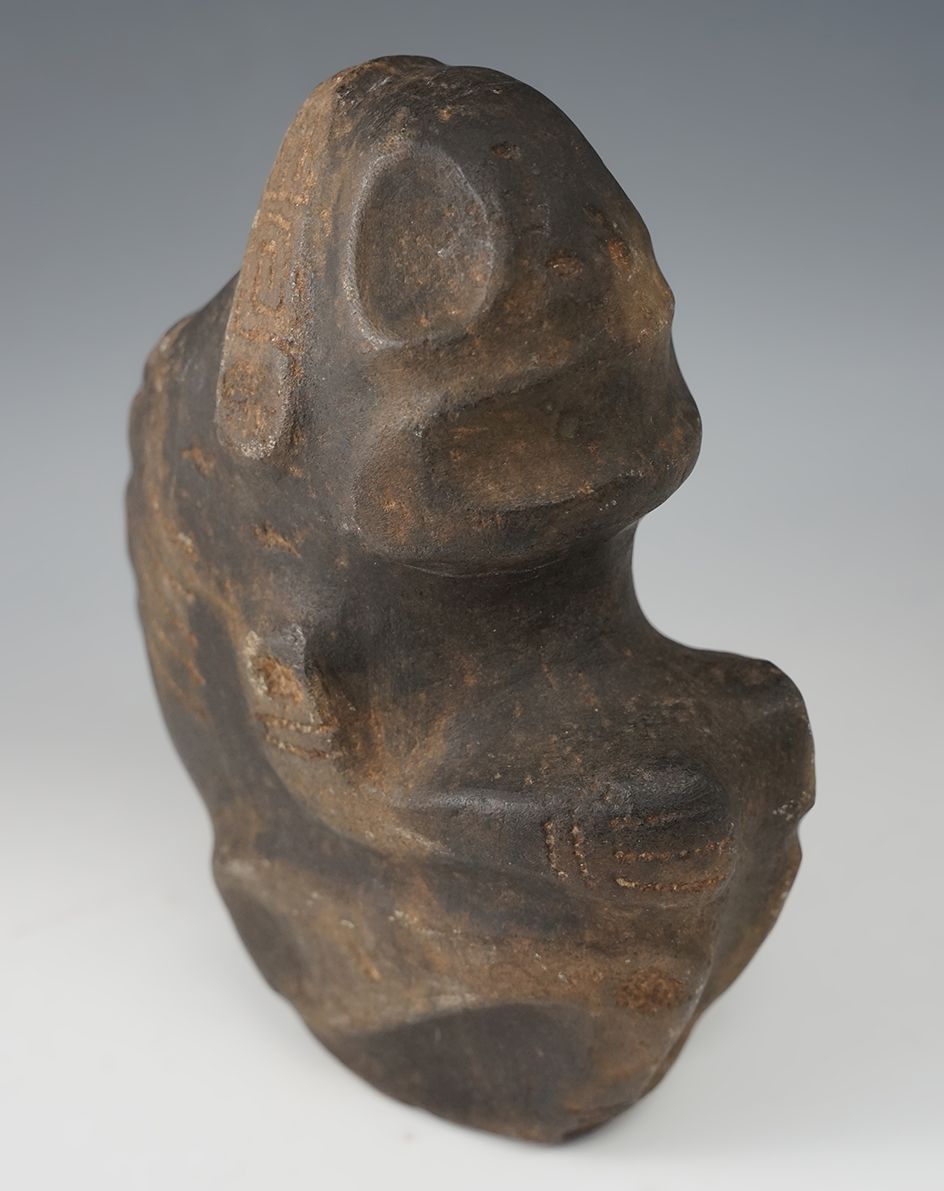 7 1/2" tall Taino effigy Zemi figure in very nice condition made from black hardstone - Hispaniola.