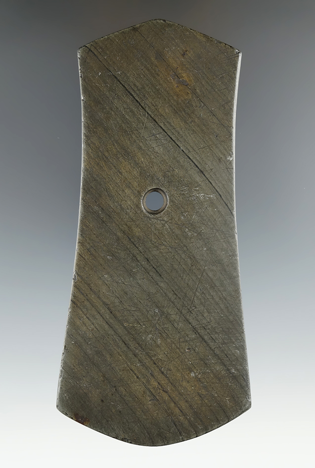 5 1/8" Bi-Concave Adena Pendant made from Banded Slate, Sandusky, Ohio. Ex. Hirzel.
