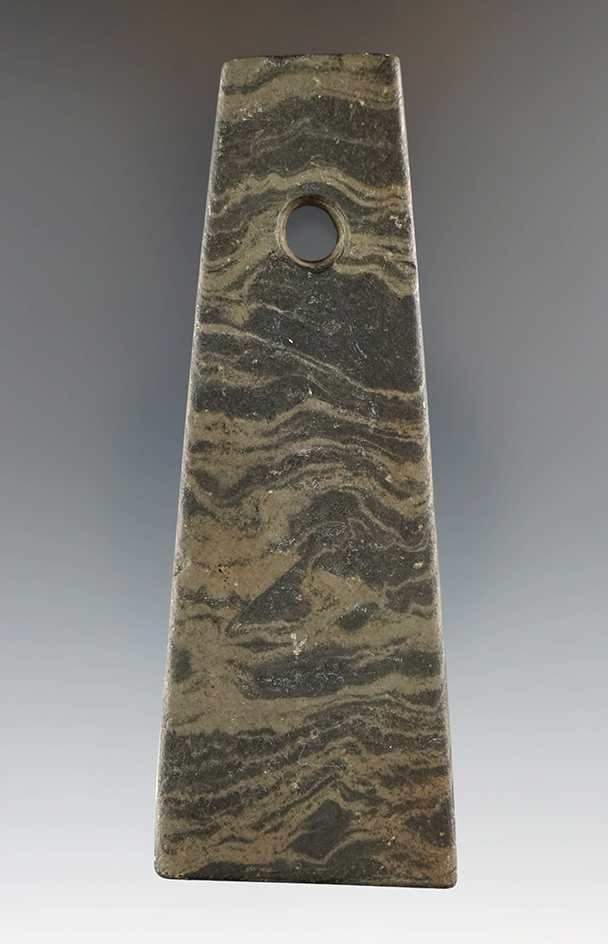 3 15/16" Adena Trapezoidal Pendant made from Mottled Slate, found in Seneca Co., Ohio. Pictured!