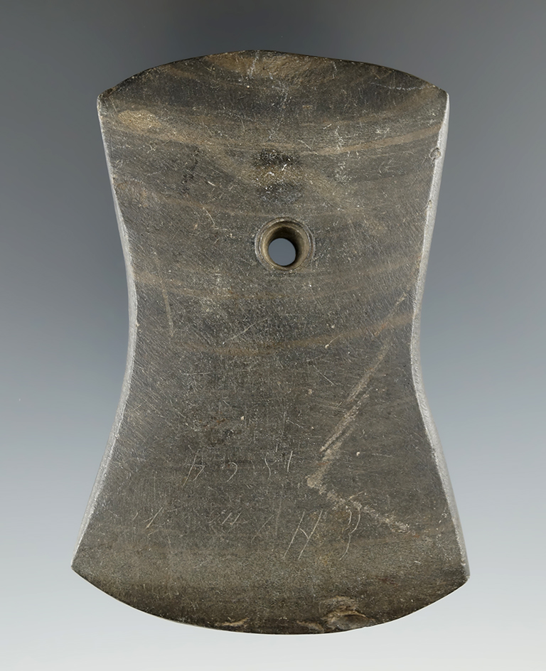 3 1/2" Adena Bi-Concave Pendant made from Banded Slate, found in Hancock Co., Ohio. Davis COA.