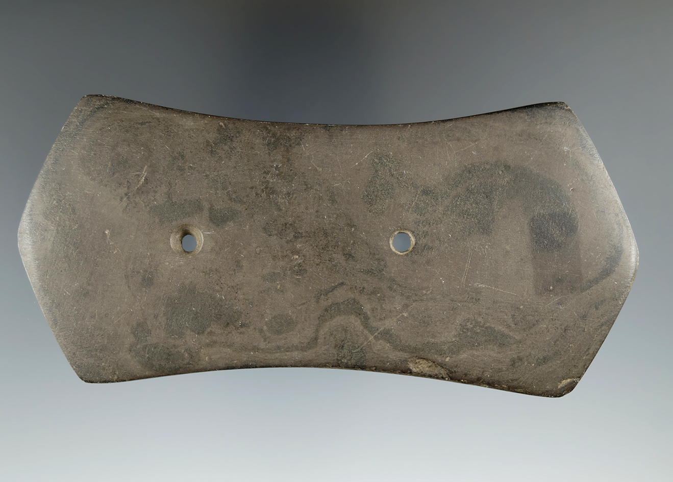 4 15/16" Adena Gorget made from Mottled Slate. Ex. Thomas Donkin, A.G. Dunkin, Elmer Grimm.