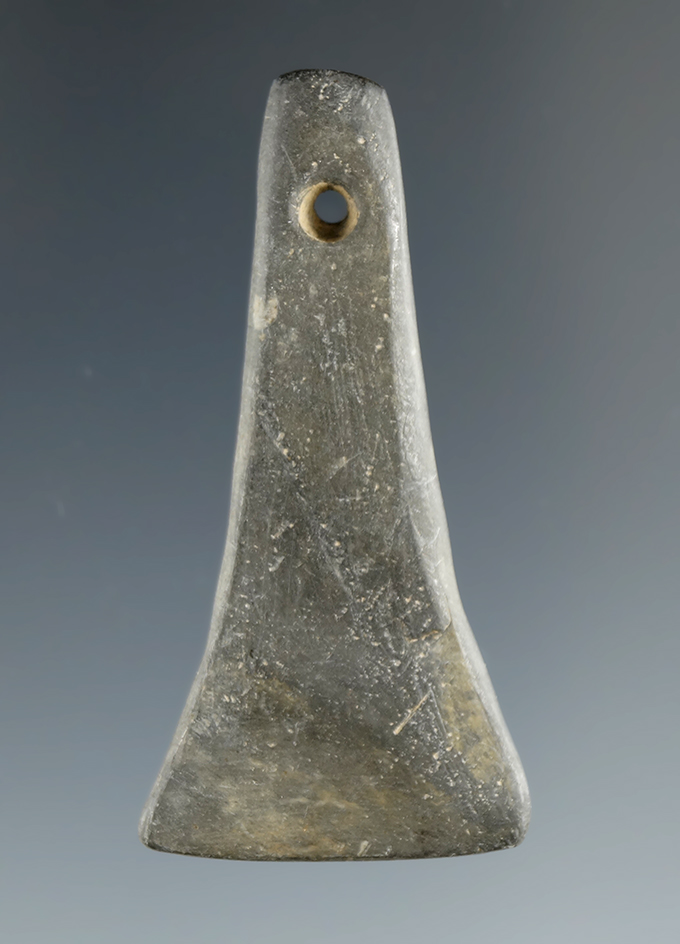 1 13/16" Miniature Mississippian Bell Pendant found in Huron Co., Ohio. Ex. Roe, C.C. Thomas.