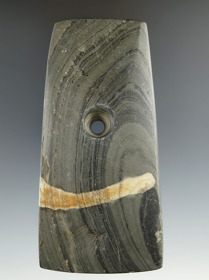 4 5/16" Adena Trapezoidal Pendant made from Banded Slate. Ex. Danny Cross, Rick Waibel (#330).