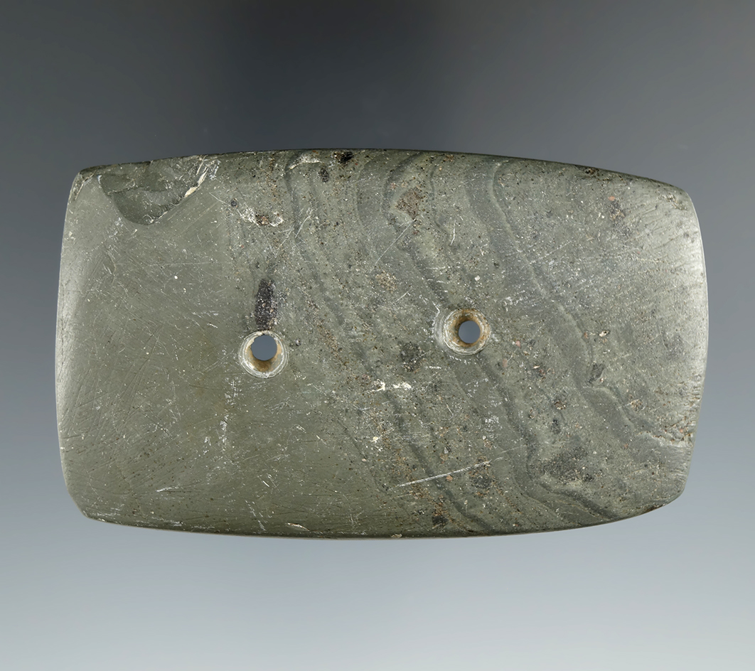 3 3/8" Adena Rectangular Gorget made from Banded Slate, found in Brown Twp., Miami Co., Ohio.