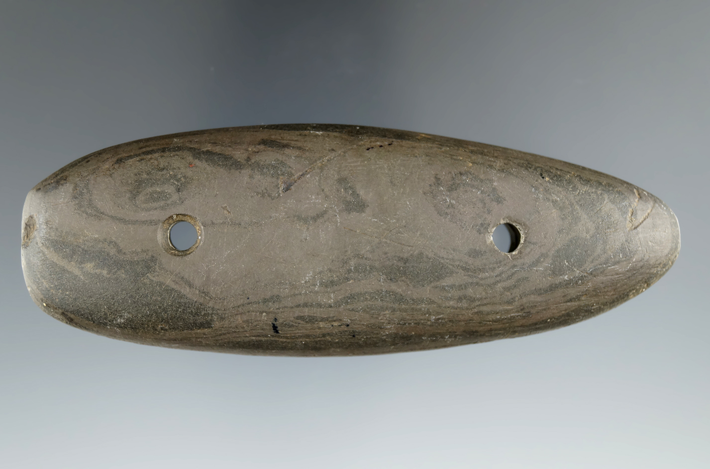 4 5/16" Glacial Kame Gorget made from green and black Mottled Slate, found in Morrow Co., Ohio.