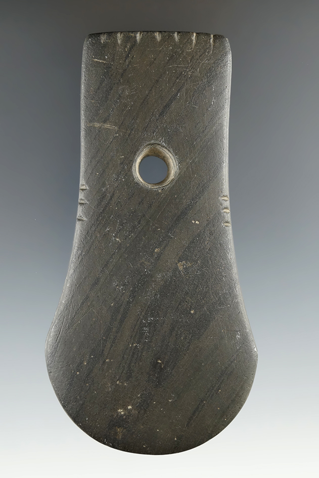 4 5/16" Adena Keyhole Pendant that is tallied at the top and sides, Clark Co., Ohio. Pictured.