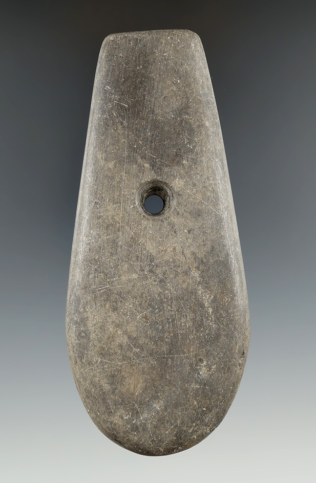 4 5/8" Adena Teardrop Pendant made from gray Slate found in Miami Co., Ohio. Ex. Todd Harding.