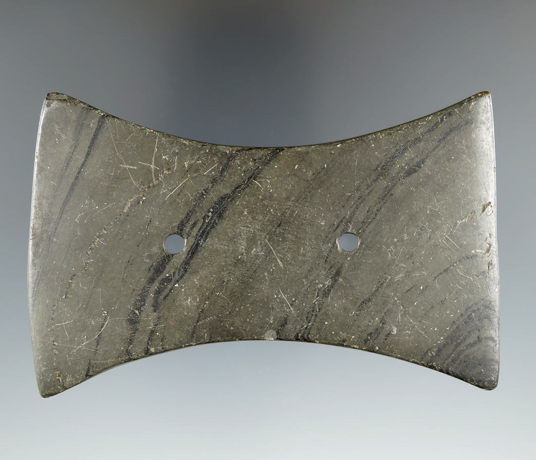 3 7/8" Adena Bi-Concave Gorget made from Banded Slate. Pictured in Who's Who #8, page 217.