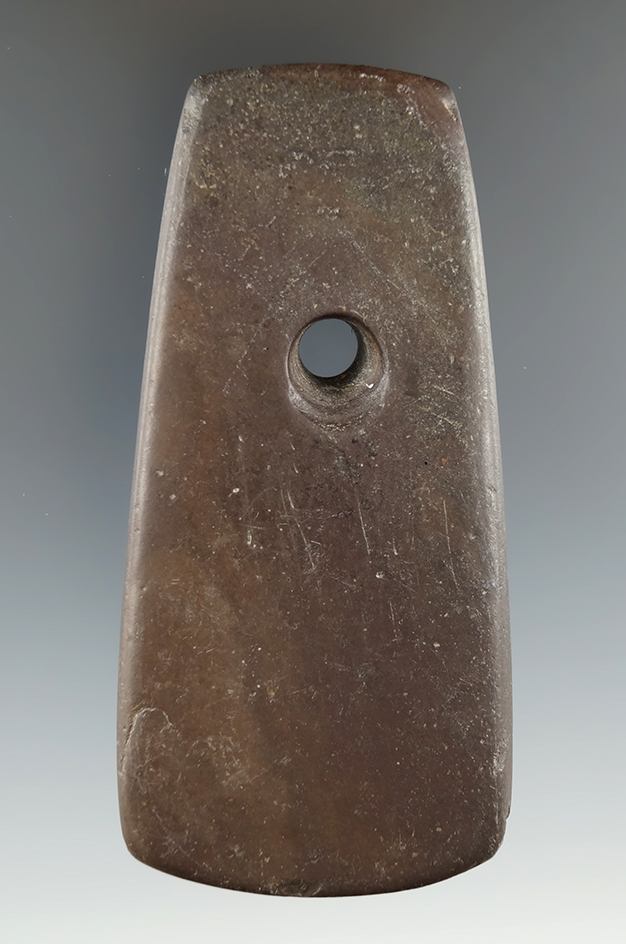 3 13/16" Adena Trapezoidal Pendant made from brown Slate, found in Ross Co., Ohio.