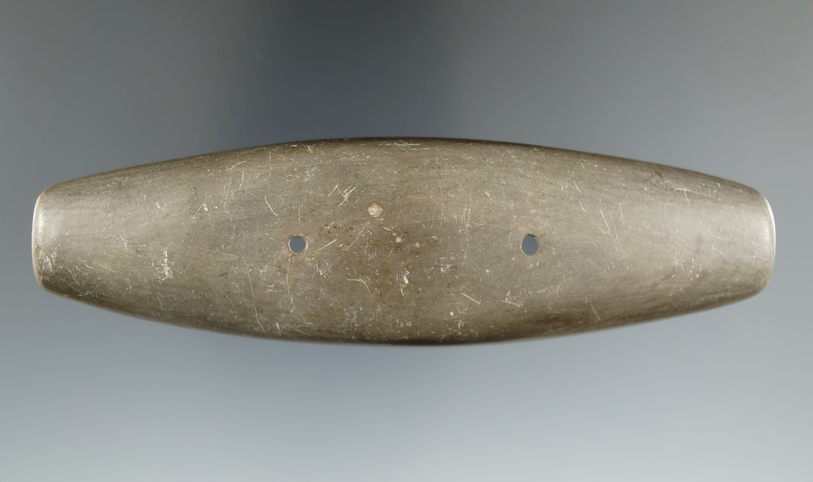 4 1/2" Slate Bar Gorget found in Tuscarawas Co., Ohio on the McConnol Farm. Ex. Rob Dills.