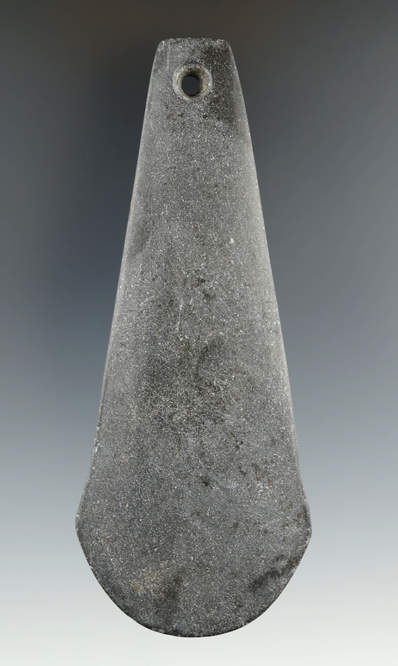 4 7/16" Adena Teardrop Pendant made from gray slate found in Washington Co., Ohio.