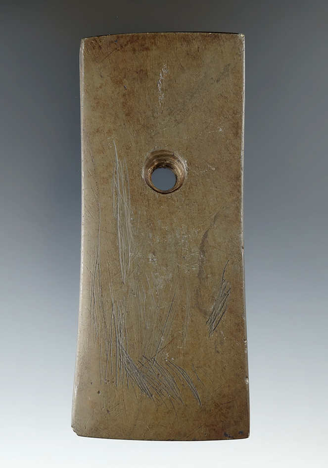 4 1/4" Adena Trapezoidal Pendant made from Slate, found in Ohio. Ex. Earl Mumaw, Joe Macik.