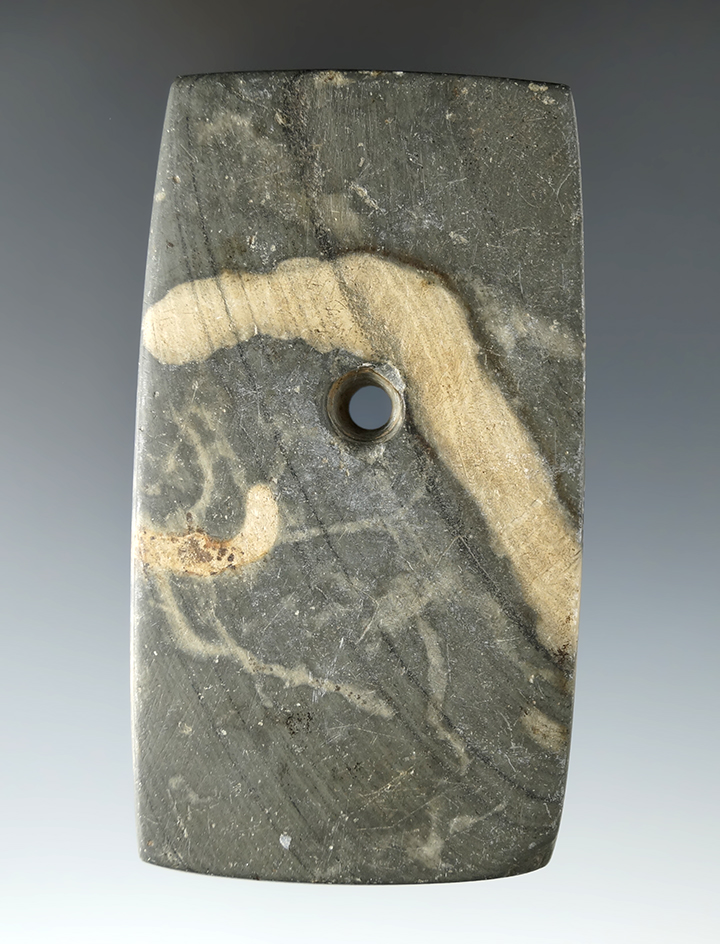 3 13/16" Adena Rectangular Pendant found Erie Co., Ohio. Ex. Harry Smith, B.B. Thomas, Jim Gonyer.