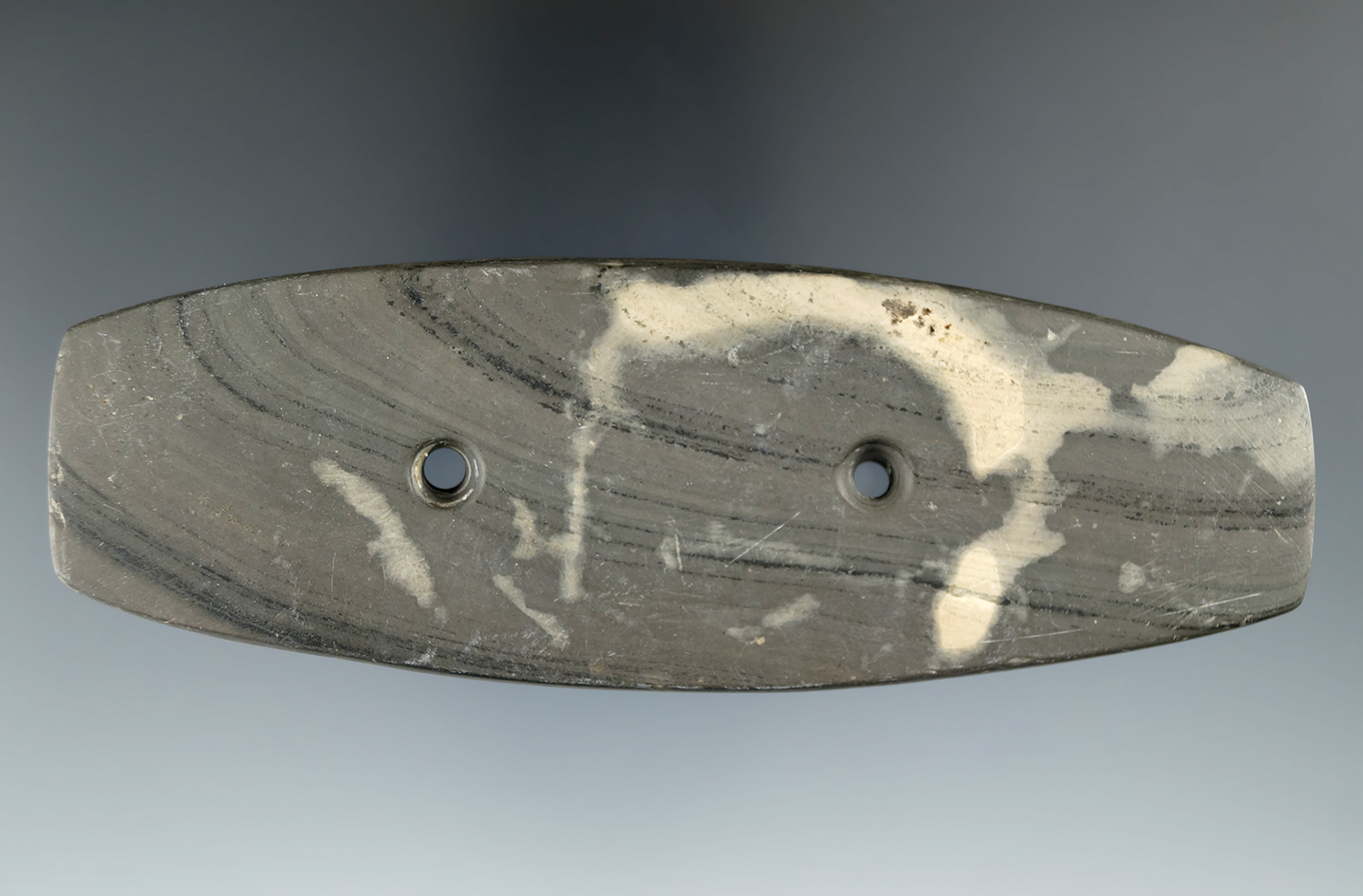 5" Glacial Kame Bar Gorget made from Banded Slate with "worm tracks". Found in Allen Co., Ohio.