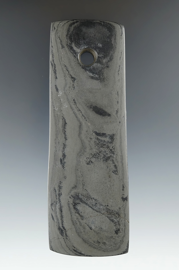 4 1/2" Trapezoidal Pendant made from green and black Banded Slate, found in Crawford Co., Ohio.