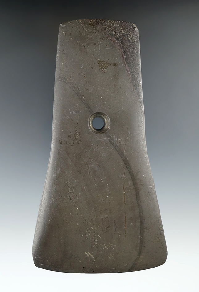 Large 5 7/8" Adena Bell Pendant made from Banded Slate, found in Champaign Co., Ohio. Pictured.
