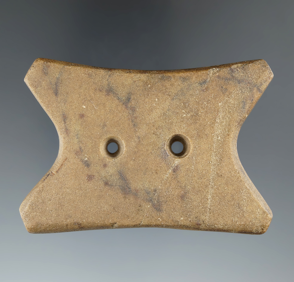2 7/8" Hopewell Reel Gorget made from tan and black Quartz, found in Licking Co., Ohio.