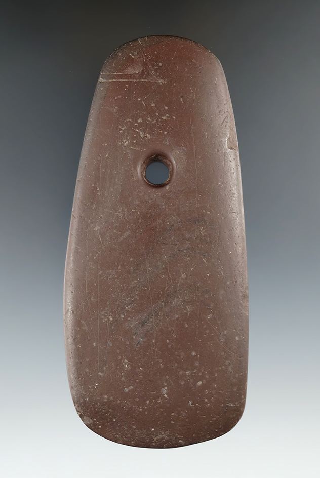 4 13/16" Adena Trapezoidal Pendant made from red and black Banded Slate, Darke Co., Ohio.