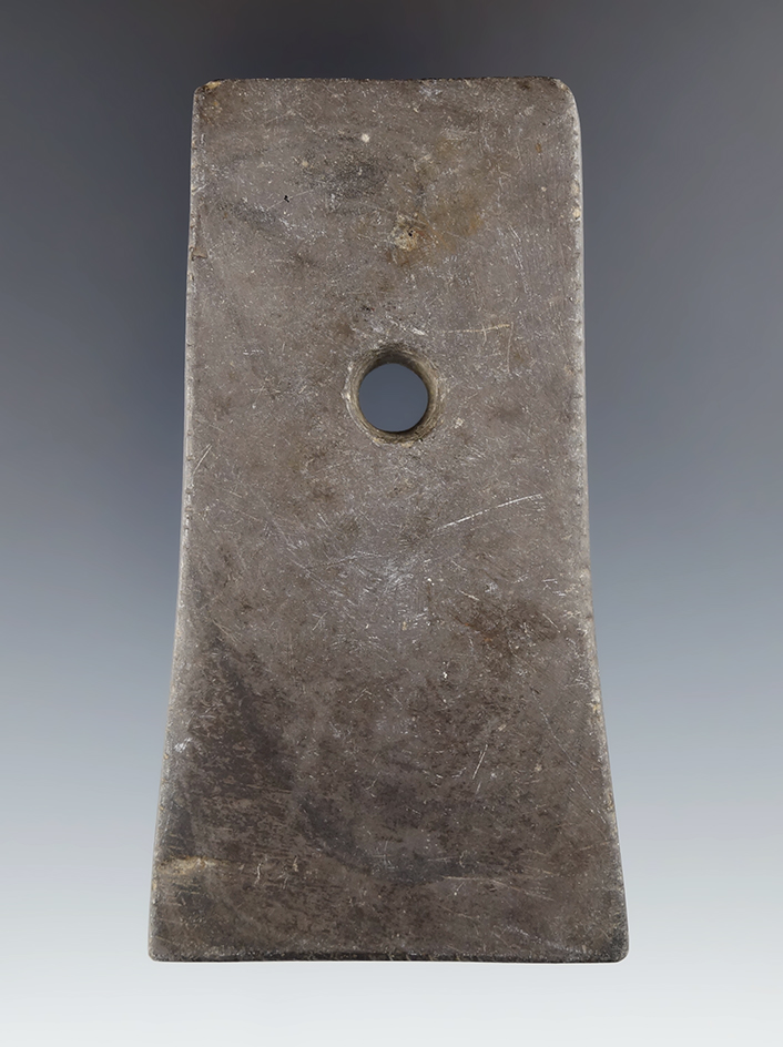 3 7/8" Adena Bell Pendant made from Banded Slate, tallied on all edges.  Wyandot Co., Ohio.