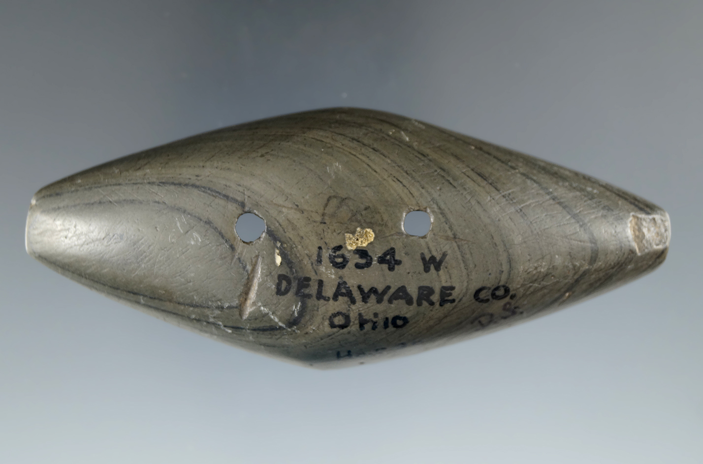 3 7/16" Adena Expanded Center Gorget found in Delaware Co., Ohio. Ex. Wehrle, Johnson, Hawes.